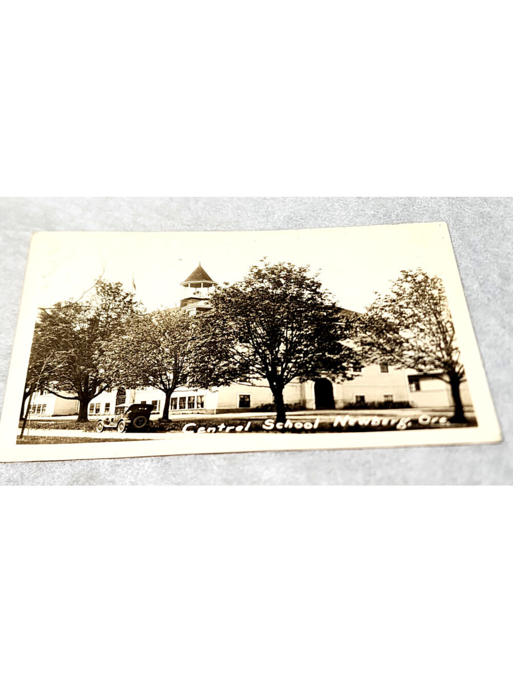 RPPC Central School Newberg Oregon Vintage Postcard WACO Wesley Andrews Car 1920